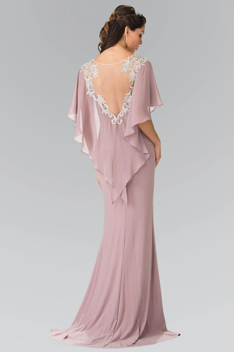 Elegant Sheath Scoop-Neck Cape-Sleeve V-Back Floor-Length Mother of Bride Dress