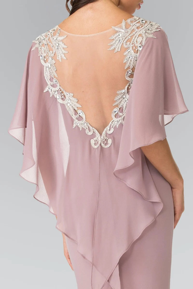 Elegant Sheath Scoop-Neck Cape-Sleeve V-Back Floor-Length Mother of Bride Dress