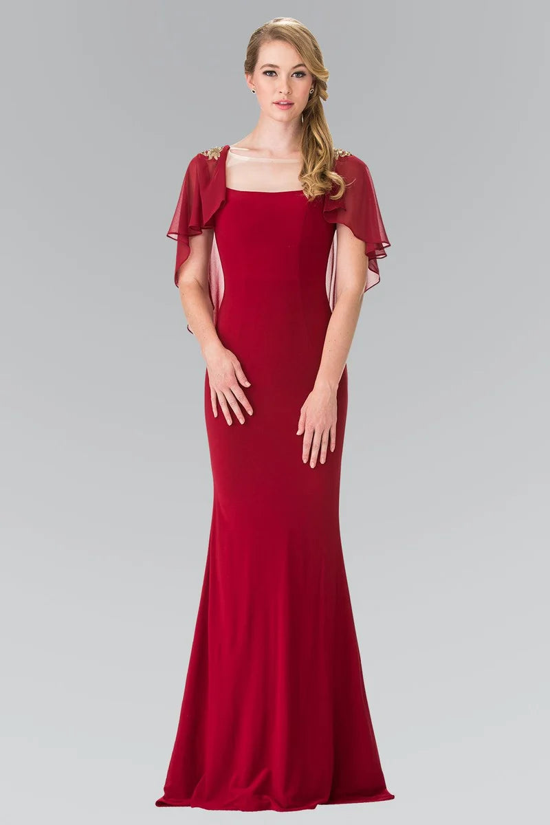 Elegant Sheath Scoop-Neck Cape-Sleeve V-Back Floor-Length Mother of Bride Dress