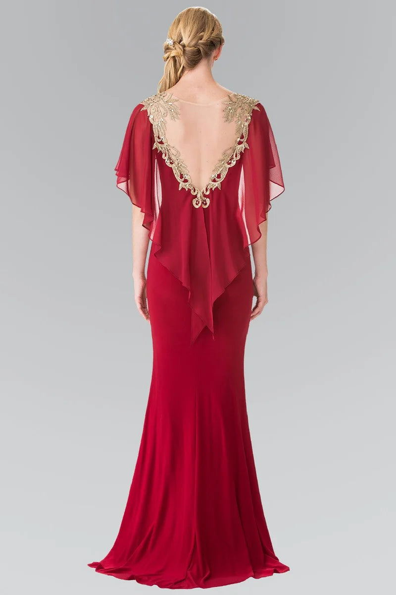 Elegant Sheath Scoop-Neck Cape-Sleeve V-Back Floor-Length Mother of Bride Dress