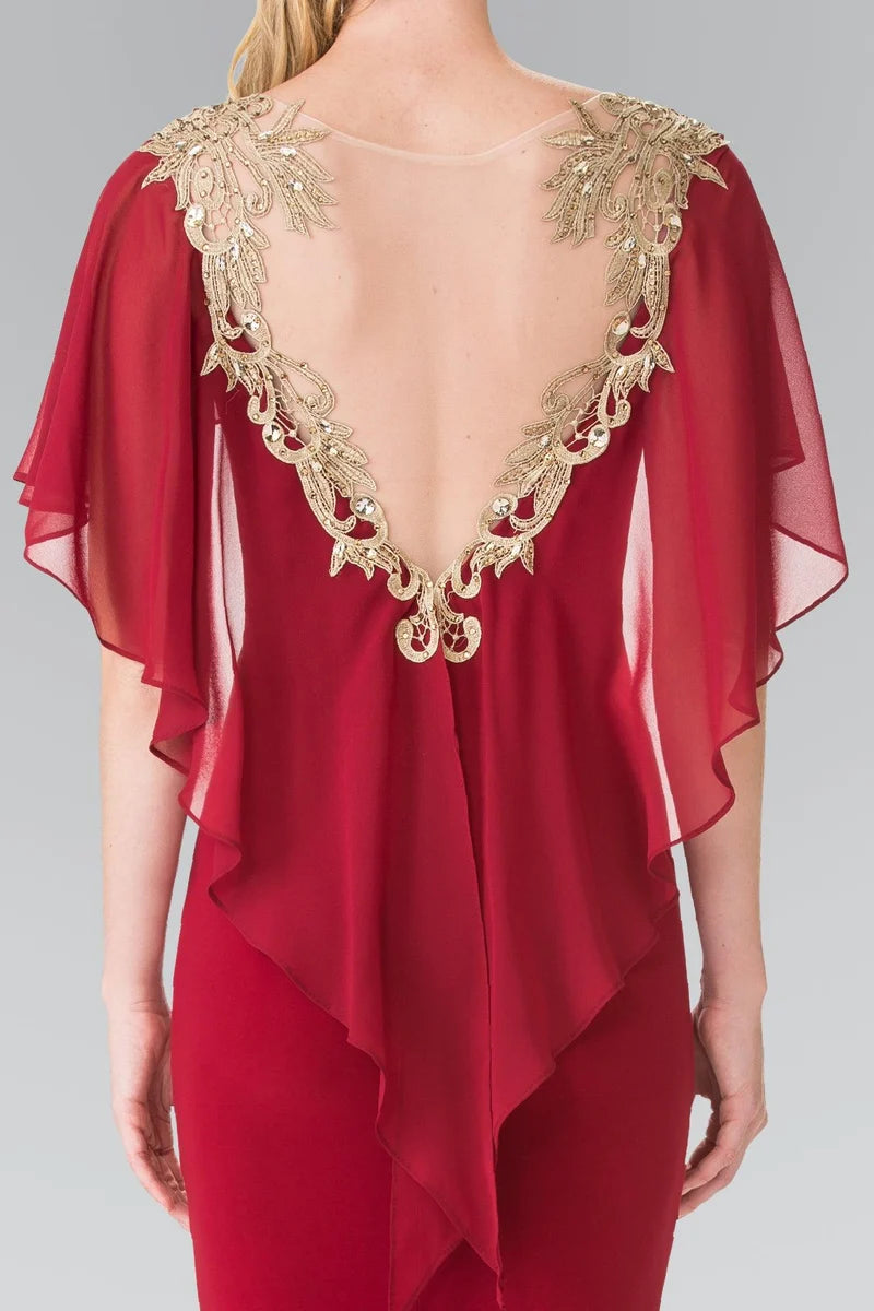 Elegant Sheath Scoop-Neck Cape-Sleeve V-Back Floor-Length Mother of Bride Dress