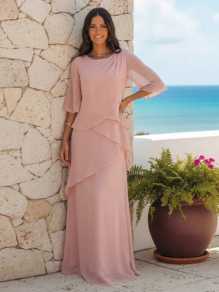 Elegant A-Line Round-Neck Three-Quarter-Sleeve Chiffon Floor-Length Mother of the Bride Dress
