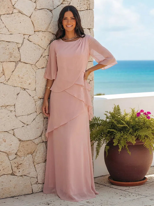Elegant A-Line Round-Neck Three-Quarter-Sleeve Chiffon Floor-Length Mother of the Bride Dress