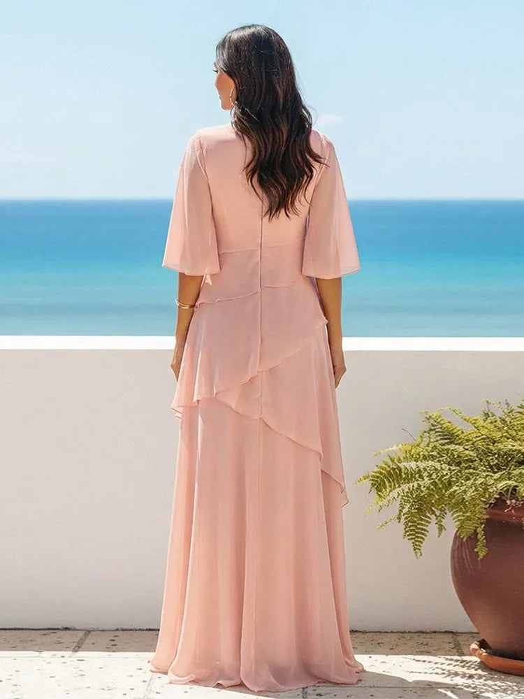 Elegant A-Line Round-Neck Three-Quarter-Sleeve Chiffon Floor-Length Mother of the Bride Dress