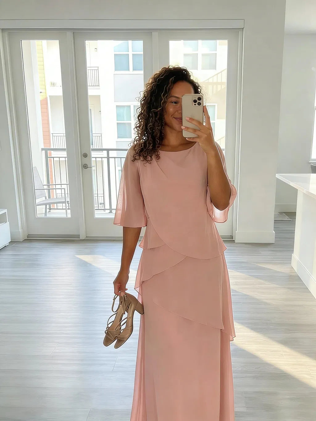 Elegant A-Line Round-Neck Three-Quarter-Sleeve Chiffon Floor-Length Mother of the Bride Dress