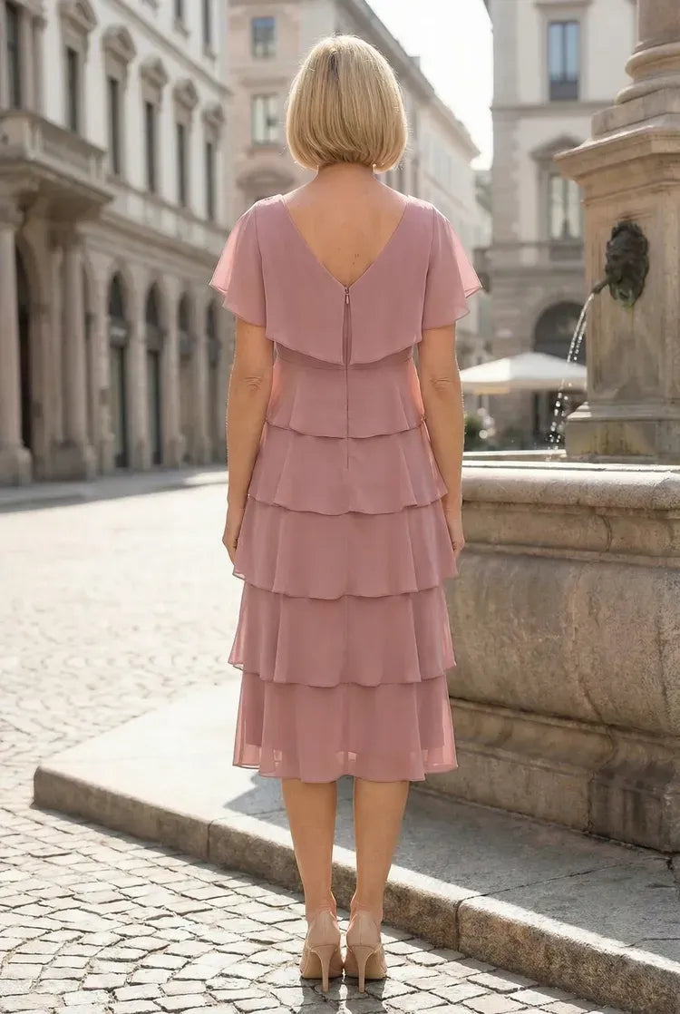 Graceful A-Line V-Neck Flutter Sleeve Chiffon Tea-Length Mother of the Bride Dress