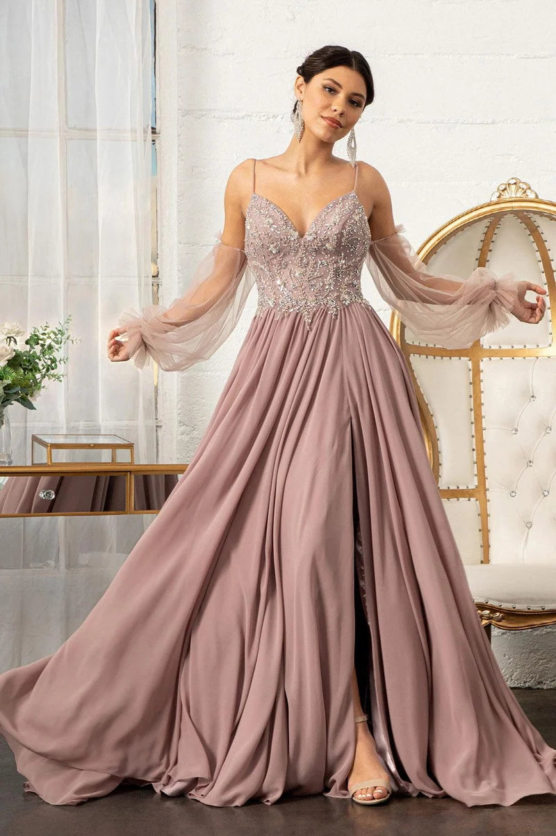 Loverlm dusty rose embellished V-neck chiffon floor-length prom dress front view