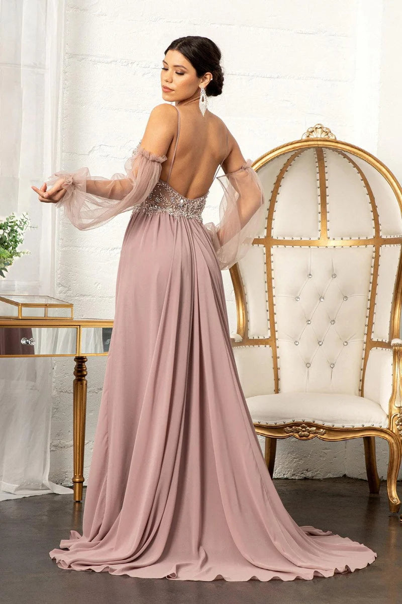Romantic A-Line V-Neck Spaghetti-Strap Sheer-Sleeve Low-Back Floor-Length Prom Dress