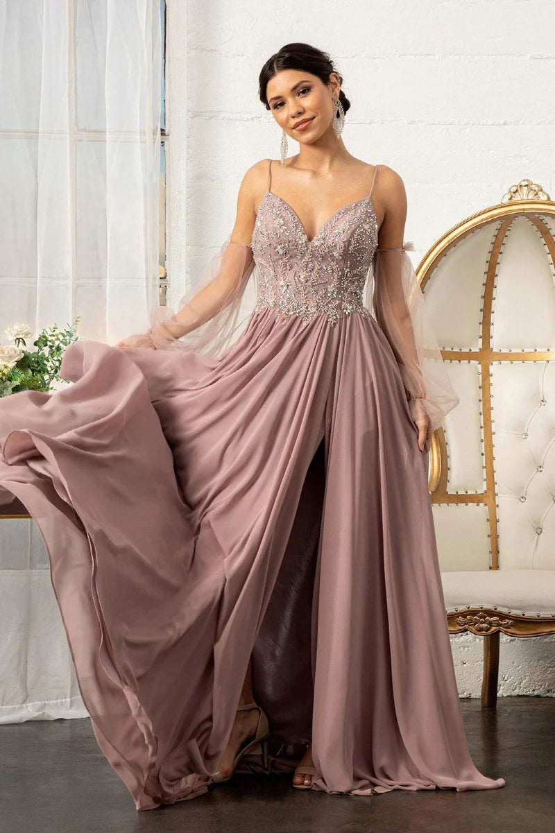 Romantic A-Line V-Neck Spaghetti-Strap Sheer-Sleeve Low-Back Floor-Length Prom Dress