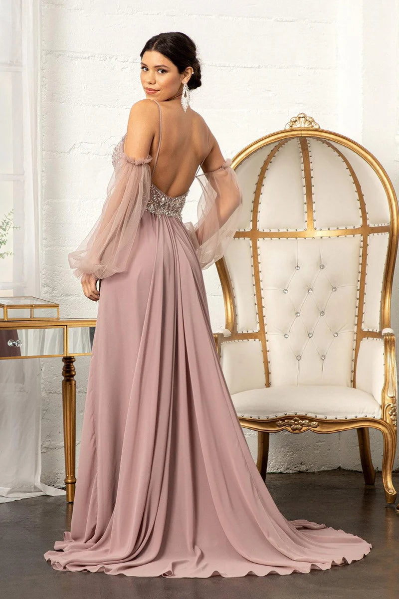 Romantic A-Line V-Neck Spaghetti-Strap Sheer-Sleeve Low-Back Floor-Length Prom Dress