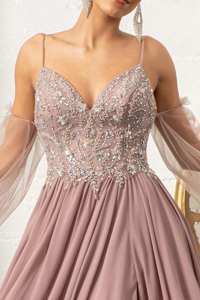 Romantic A-Line V-Neck Spaghetti-Strap Sheer-Sleeve Low-Back Floor-Length Prom Dress