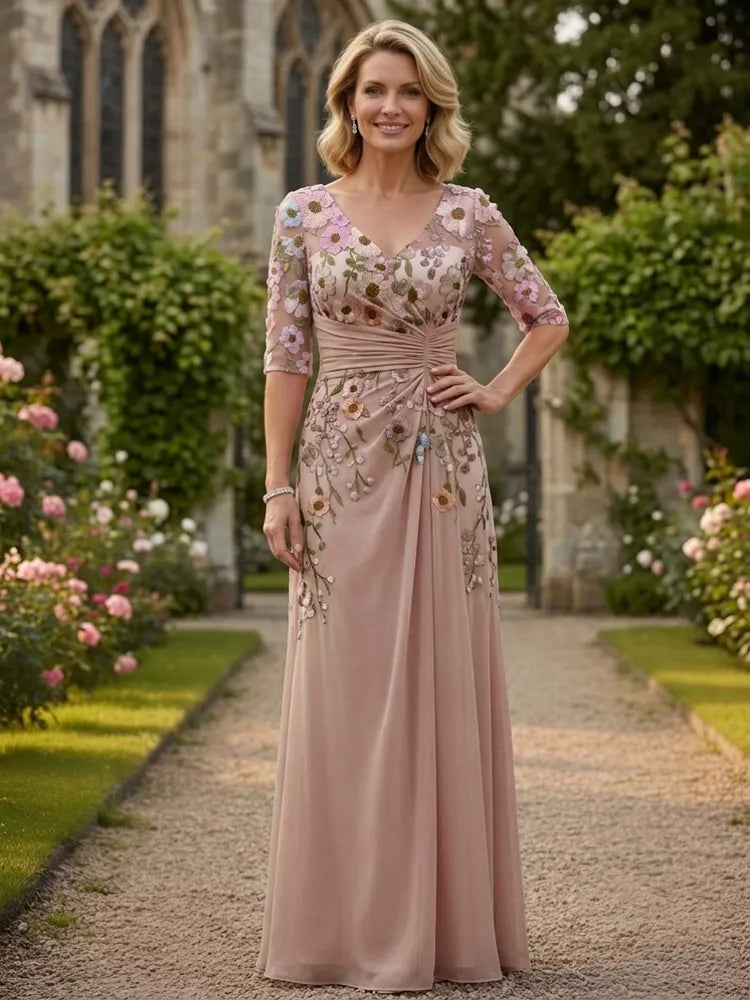 Loverlm dusty rose Mother of the Bride dress with V-neck floral embroidery sheer sleeves ruched waist and floor-length chiffon skirt