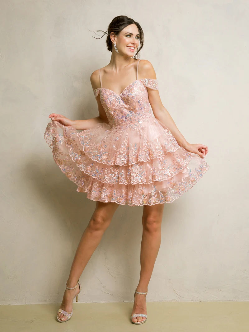Loverlm dusty rose embroidered off-shoulder tiered mini homecoming dress front view