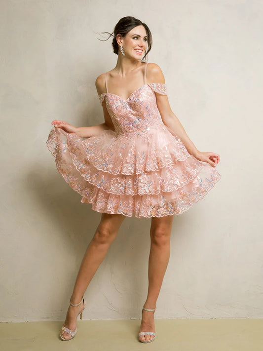 Loverlm dusty rose embroidered off-shoulder tiered mini homecoming dress front view