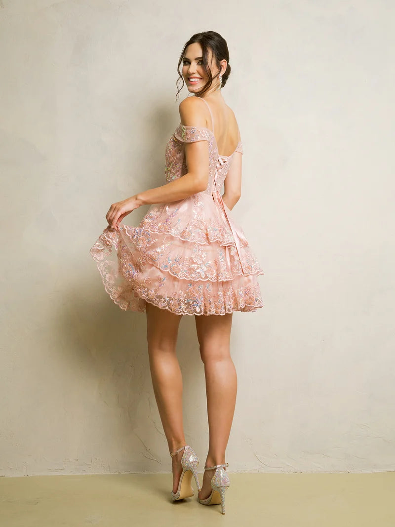 Romantic A-Line Sweetheart Off-Shoulder Lace-Up Tiered Mini Homecoming Dress