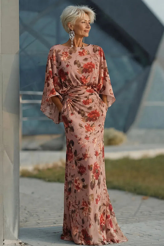 Elegant Floral Sheath Boat Neck Cape Sleeve V Back Mother of the Bride Dress