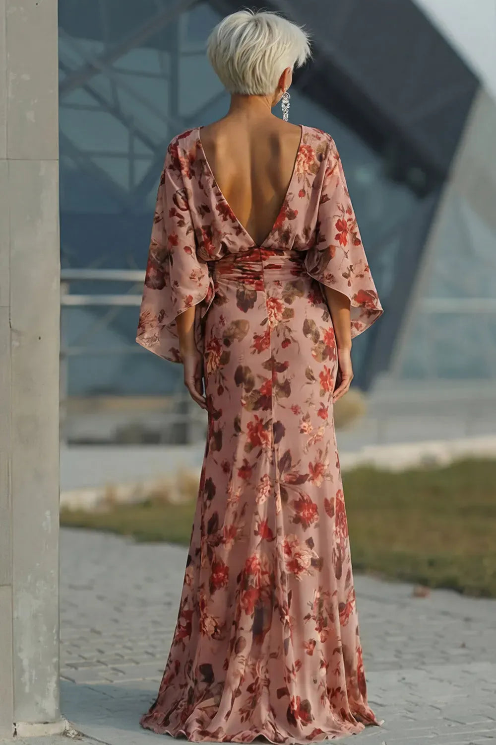 Elegant Floral Sheath Boat Neck Cape Sleeve V Back Mother of the Bride Dress