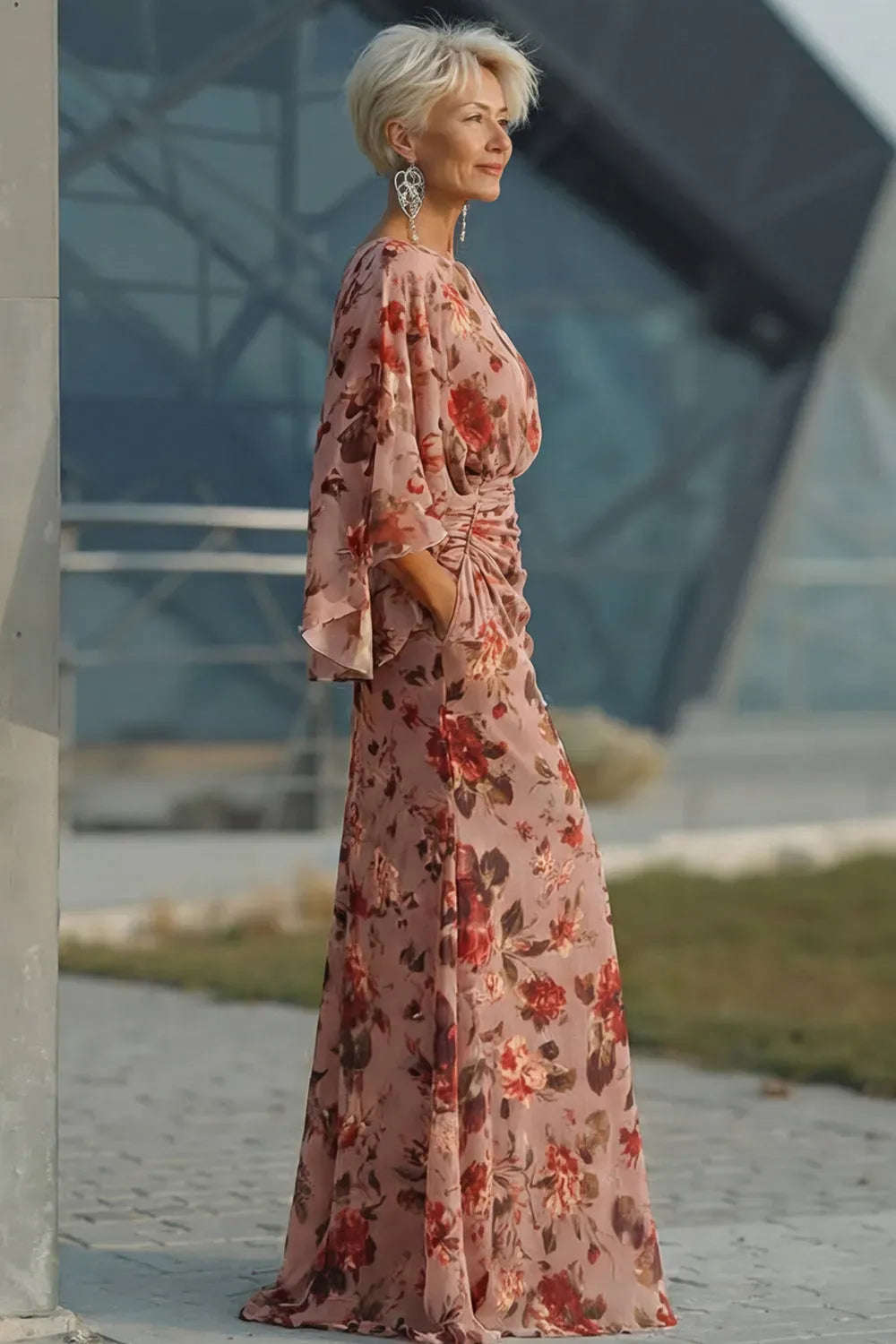 Elegant Floral Sheath Boat Neck Cape Sleeve V Back Mother of the Bride Dress