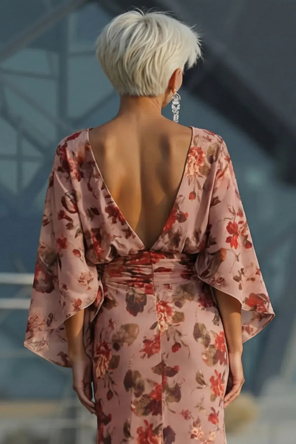 Elegant Floral Sheath Boat Neck Cape Sleeve V Back Mother of the Bride Dress