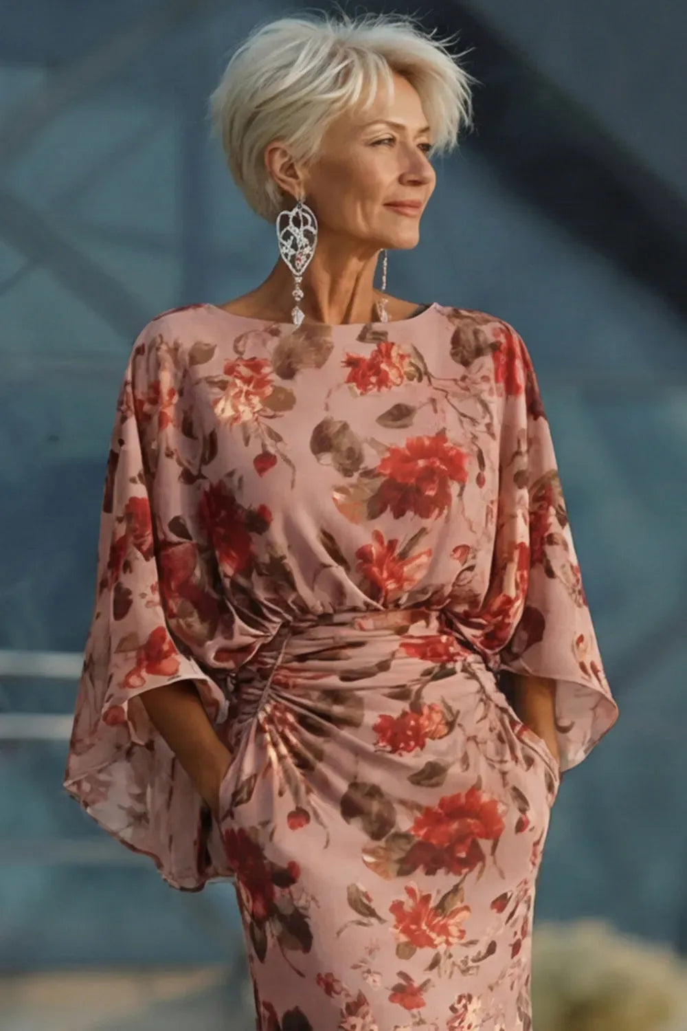 Elegant Floral Sheath Boat Neck Cape Sleeve V Back Mother of the Bride Dress