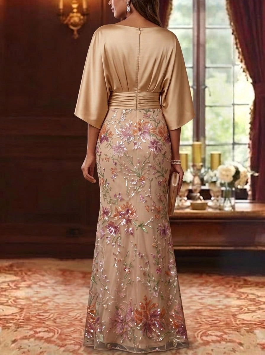 Elegant Mermaid Boat Neck Batwing Sleeve Zipper Back Floral Floor Length Mother of the Bride Dress