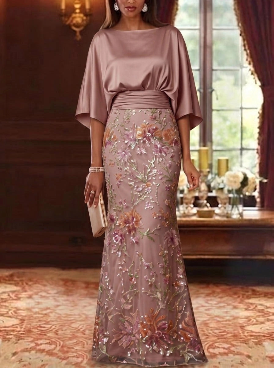 Elegant Mermaid Boat Neck Batwing Sleeve Zipper Back Floral Floor Length Mother of the Bride Dress