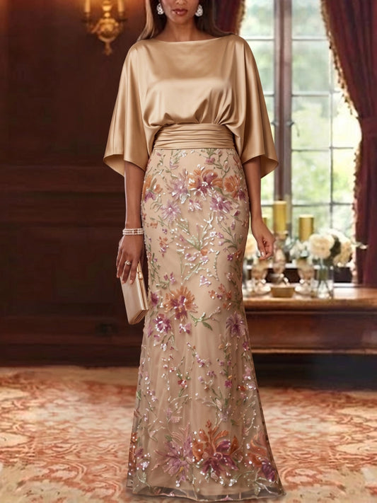 Elegant Mermaid Boat Neck Batwing Sleeve Zipper Back Floral Floor Length Mother of the Bride Dress