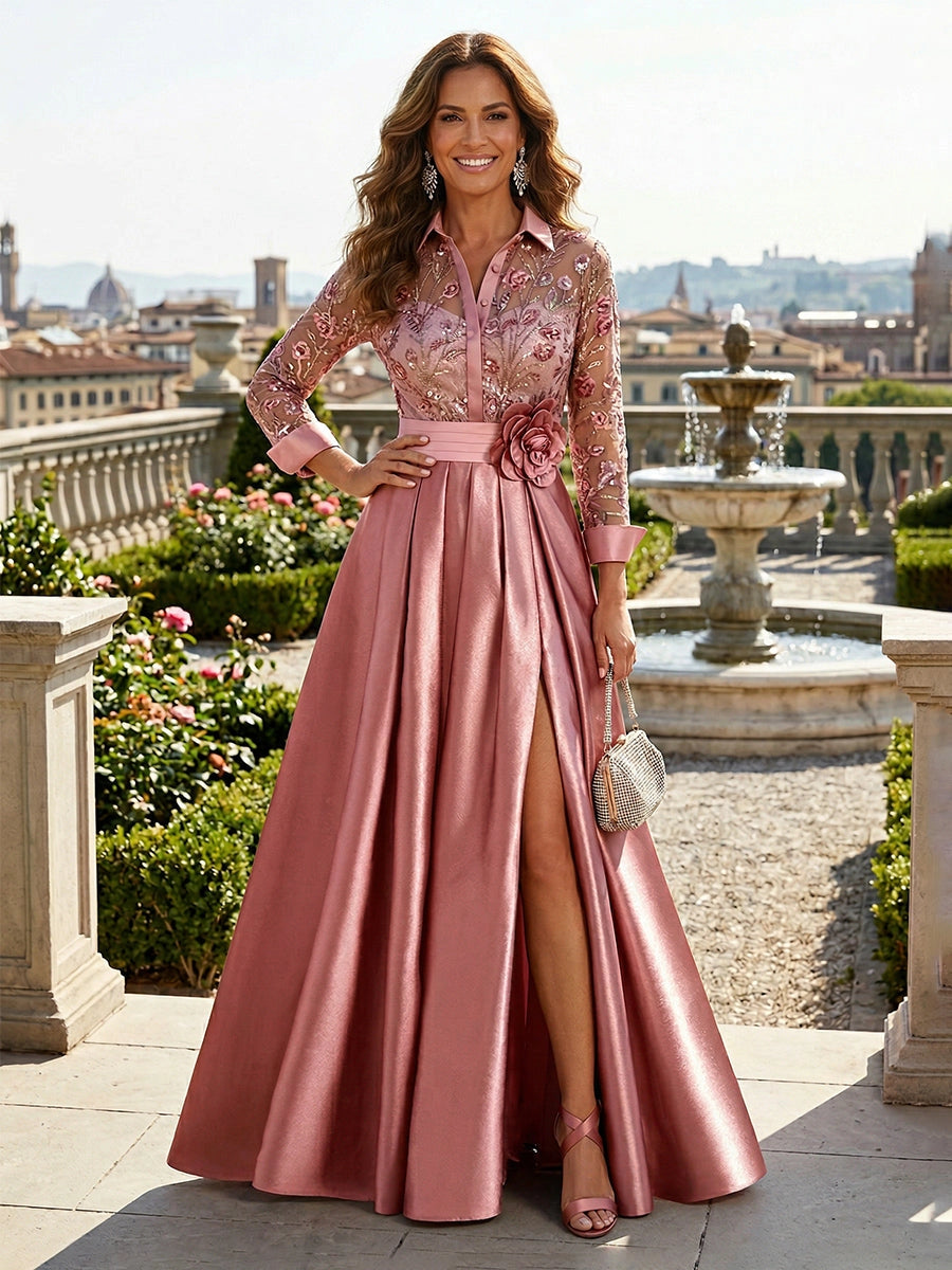 Dusty rose Mother of the Bride Dress with floral embroidered bodice, collared neckline, three-quarter sleeves, satin A-line skirt and front slit by Loverlm
