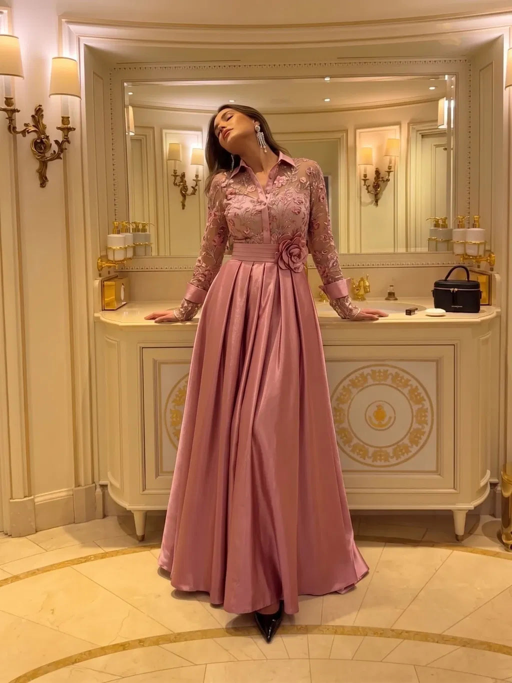 Elegant A-Line Collared Three Quarter Sleeve Satin Floor Length Prom Dress