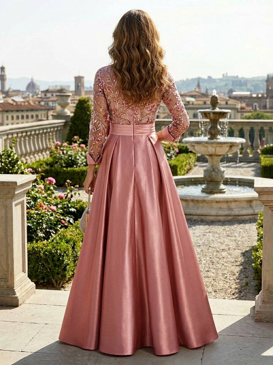 Elegant A-Line Collared Three Quarter Sleeve Satin Floor Length Prom Dress