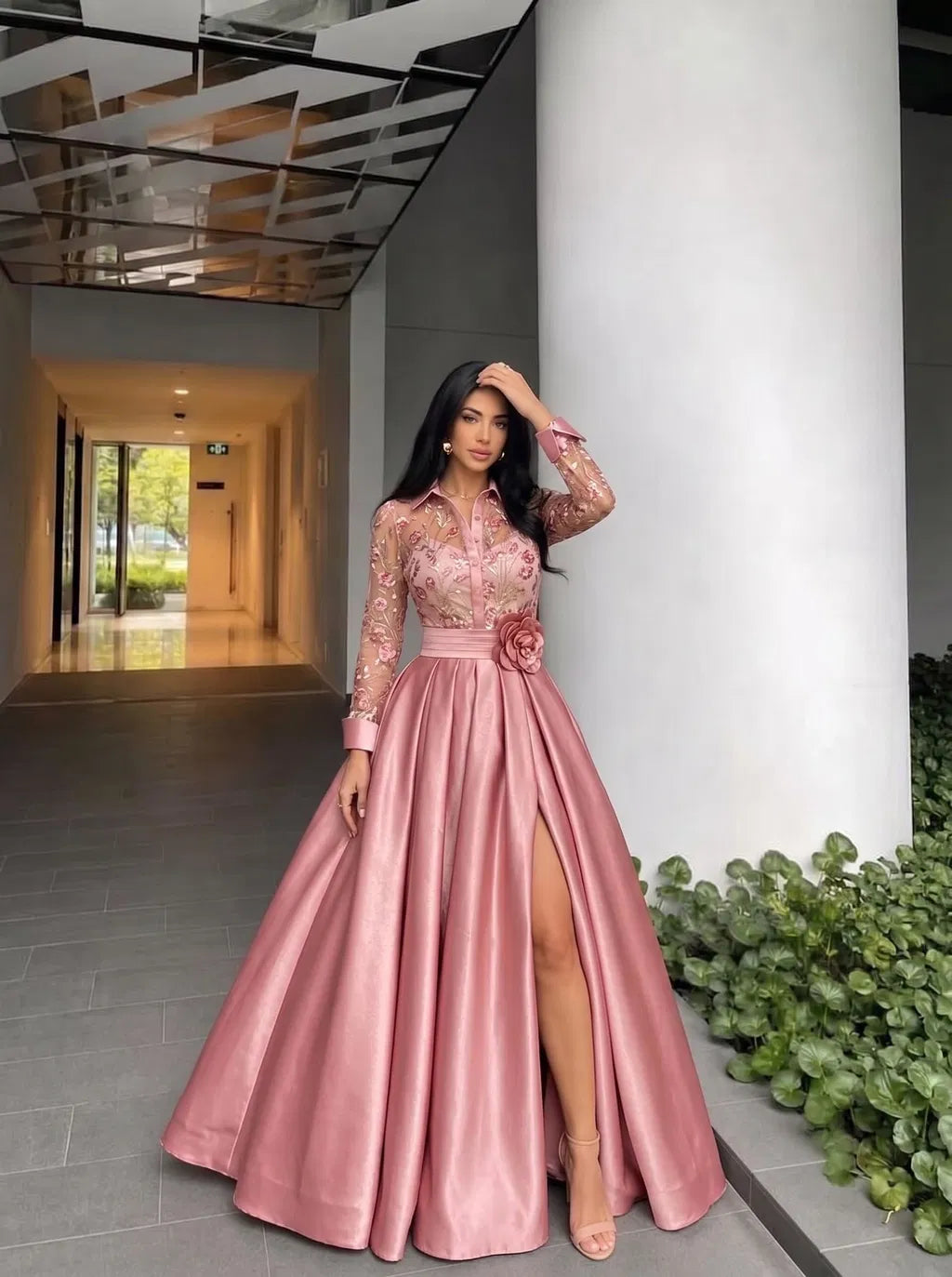 Elegant A-Line Collared Three Quarter Sleeve Satin Floor Length Prom Dress