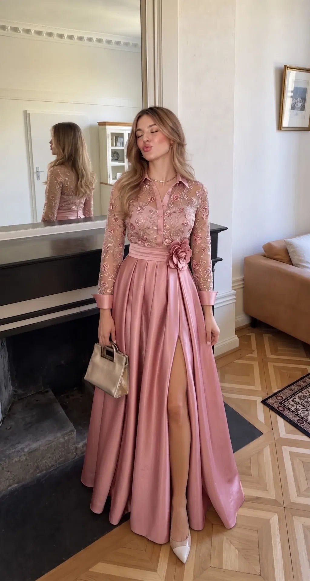 Elegant A-Line Collared Three Quarter Sleeve Satin Floor Length Prom Dress