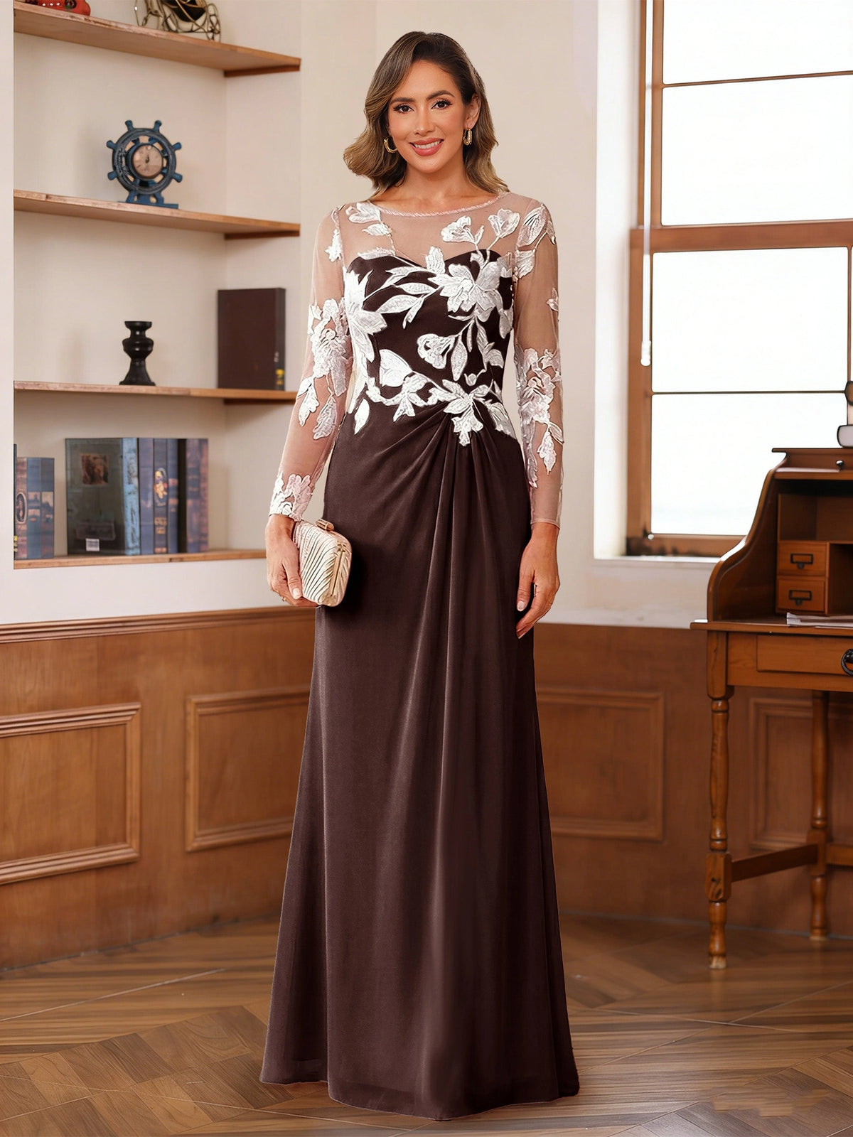 Elegant A-Line Illusion Neck Long Sleeve Button Back Floor-Length Mother of the Bride Dress