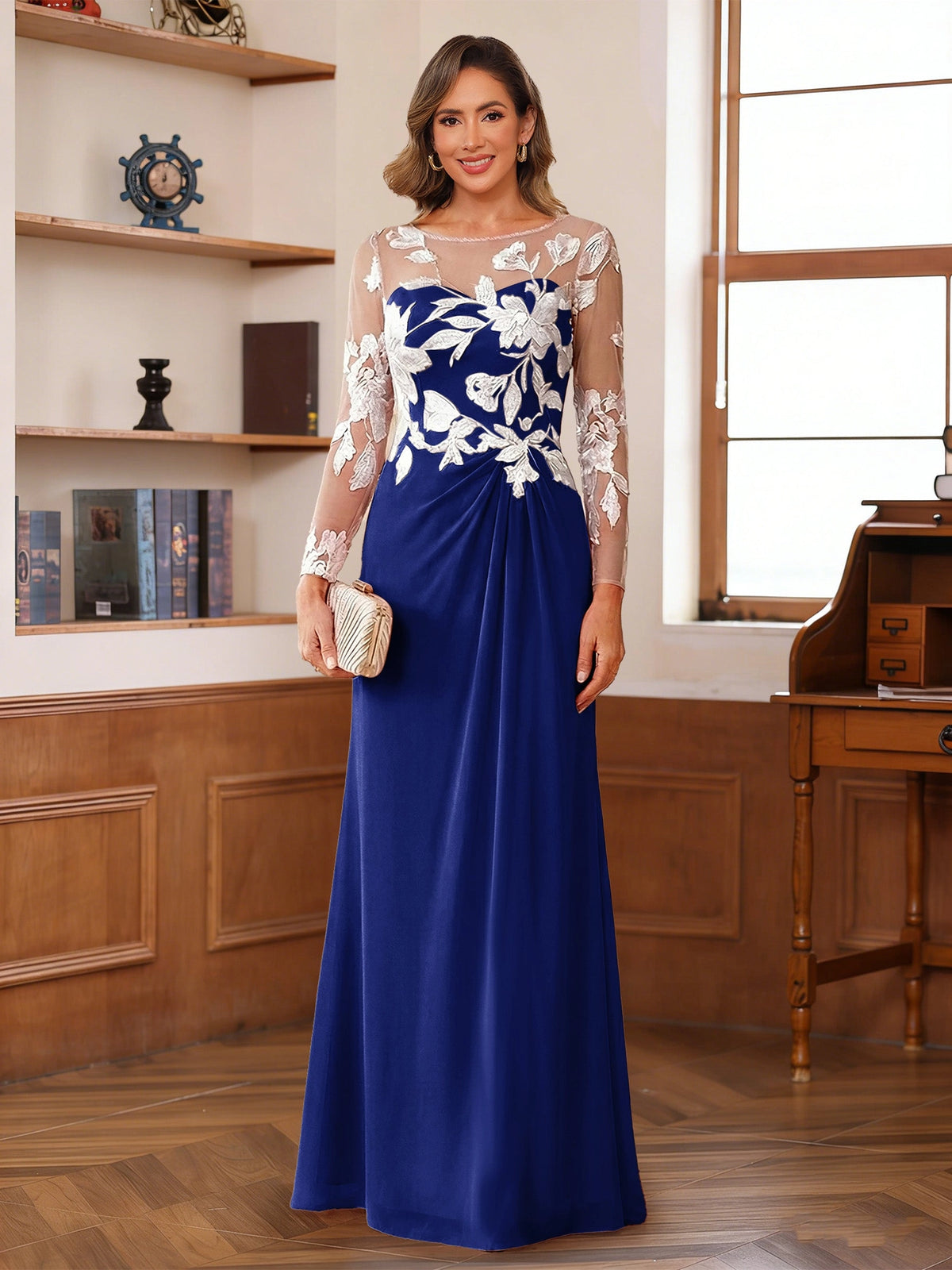 Elegant A-Line Illusion Neck Long Sleeve Button Back Floor-Length Mother of the Bride Dress
