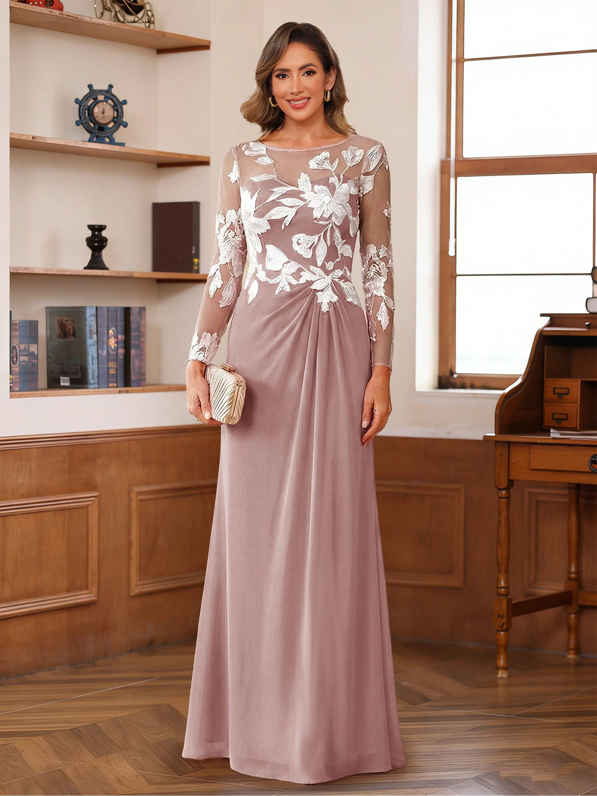 Elegant A-Line Illusion Neck Long Sleeve Button Back Floor-Length Mother of the Bride Dress