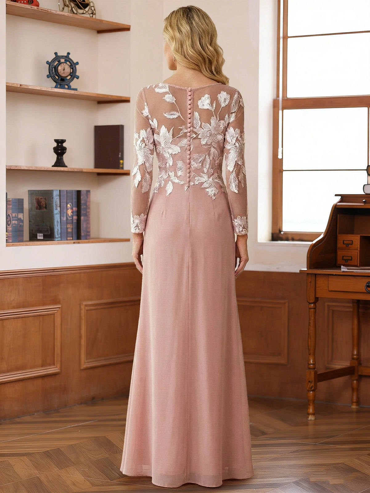 Elegant A-Line Illusion Neck Long Sleeve Button Back Floor-Length Mother of the Bride Dress