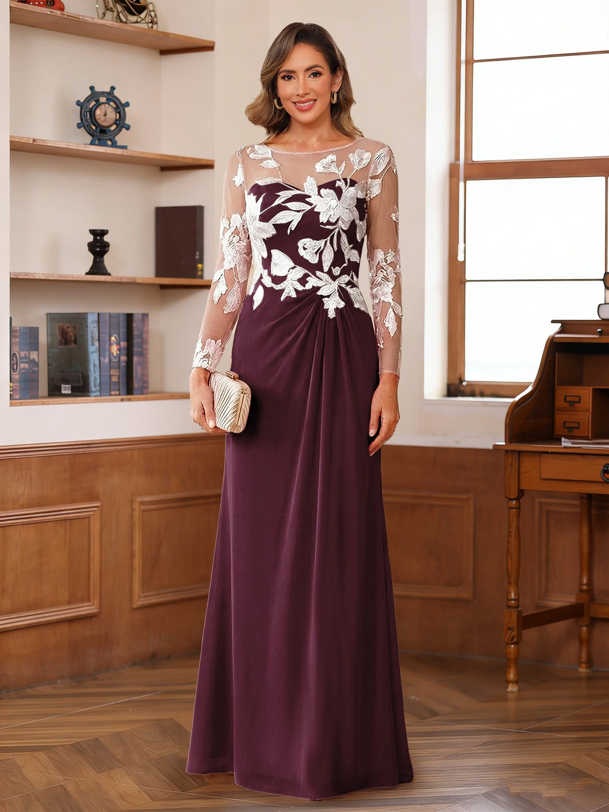 Elegant A-Line Illusion Neck Long Sleeve Button Back Floor-Length Mother of the Bride Dress