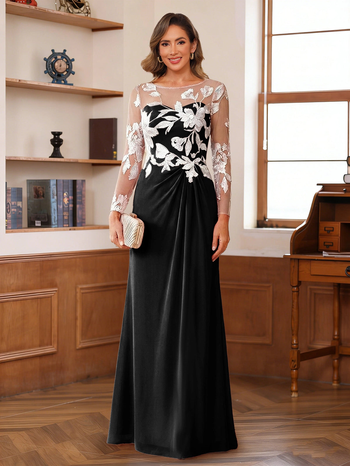 Elegant A-Line Illusion Neck Long Sleeve Button Back Floor-Length Mother of the Bride Dress