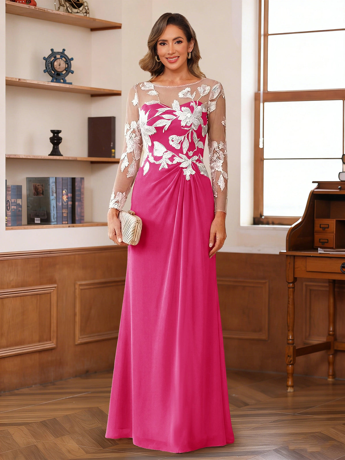 Elegant A-Line Illusion Neck Long Sleeve Button Back Floor-Length Mother of the Bride Dress
