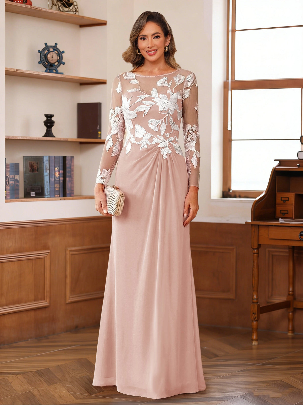 Elegant A-Line Illusion Neck Long Sleeve Button Back Floor-Length Mother of the Bride Dress