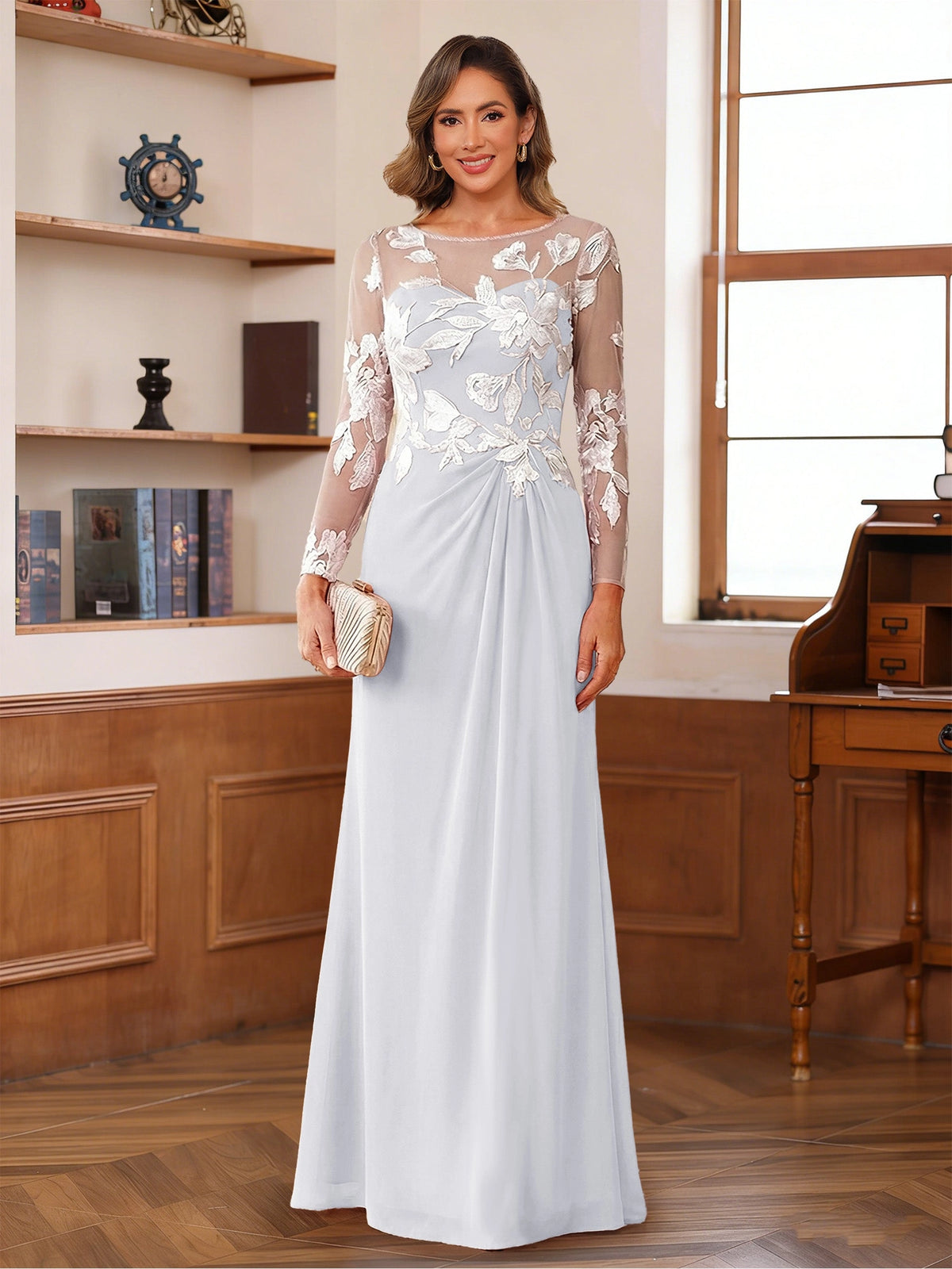 Elegant A-Line Illusion Neck Long Sleeve Button Back Floor-Length Mother of the Bride Dress