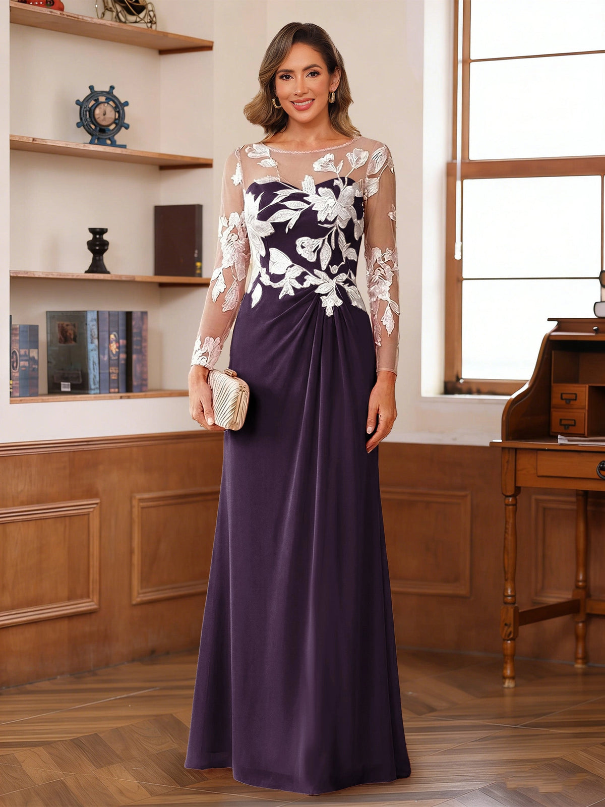 Elegant A-Line Illusion Neck Long Sleeve Button Back Floor-Length Mother of the Bride Dress