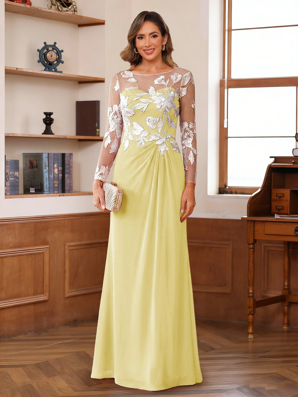 Elegant A-Line Illusion Neck Long Sleeve Button Back Floor-Length Mother of the Bride Dress