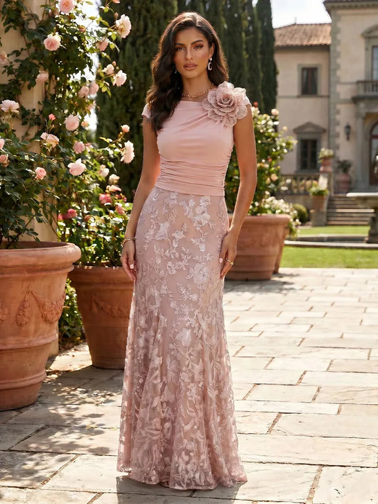 Loverlm dusty rose Mother of the Bride dress with 3D flower shoulder ruched bodice floral lace skirt and floor-length silhouette