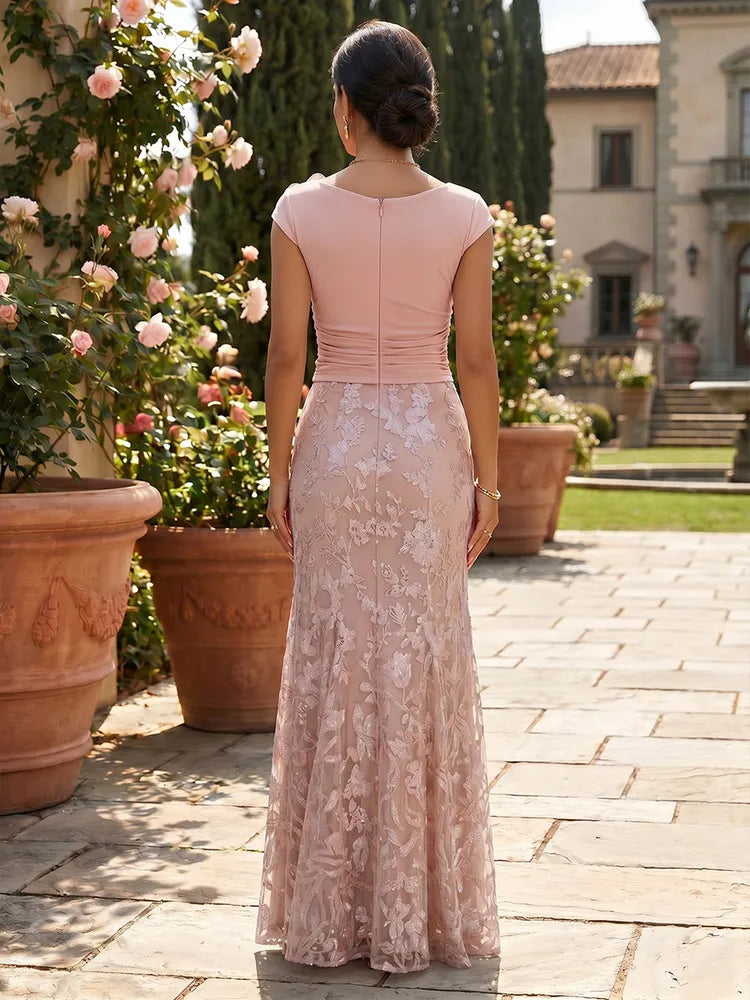 Elegant Column Round-Neck Cap-Sleeve Lace Floor-Length Mother of the Bride Dress