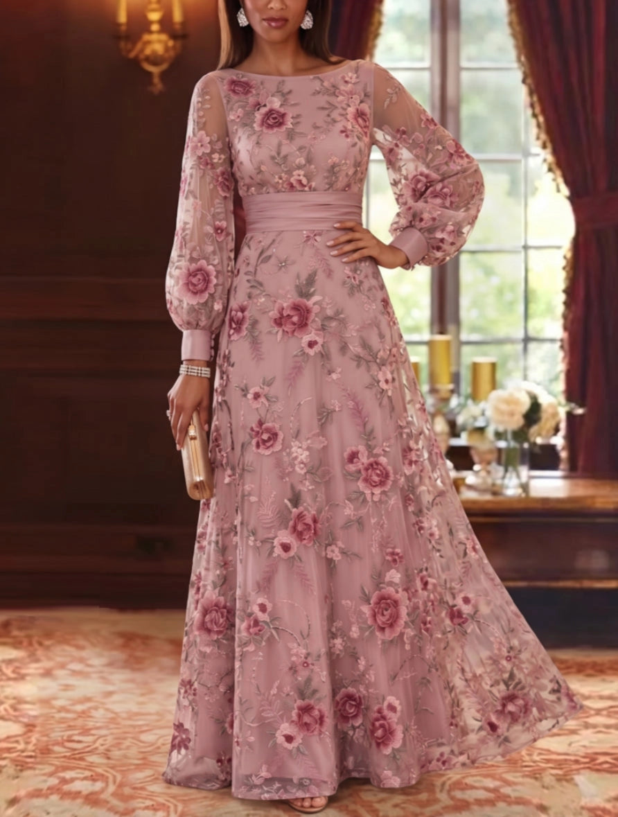 Romantic A-Line Bateau Neck Long Bishop Sleeve Keyhole Back Flowing Hem Floor Length Mother of the Bride Dress