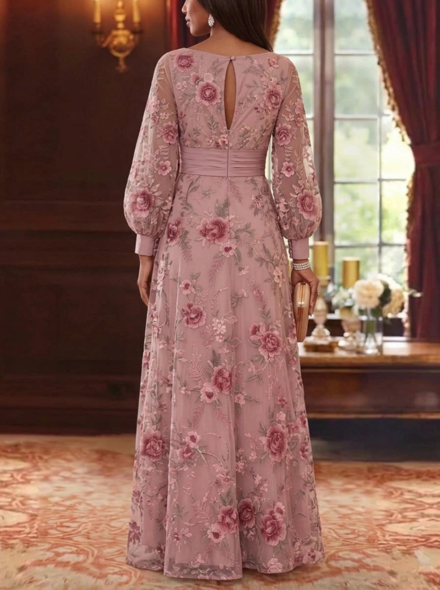 Romantic A-Line Bateau Neck Long Bishop Sleeve Keyhole Back Flowing Hem Floor Length Mother of the Bride Dress