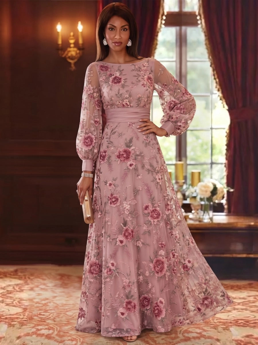 Dusty rose floral A-line Mother of the Bride Dress with bishop sleeves and ruched waist by Loverlm