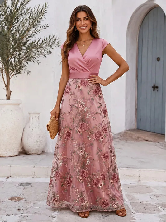 Loverlm dusty rose Mother of the Bride dress with V-neck cap sleeves floral embroidered floor-length A-line skirt