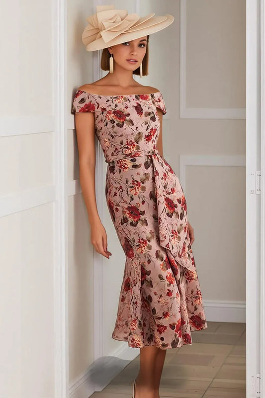 Loverlm dusty rose floral mother of the bride midi dress with off shoulder neckline, fitted mermaid silhouette and asymmetric waist drape